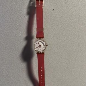 🔥1 DAY SALE🔥RARE WOMANS SWATCH WATCH CLEAR PINK BANDS W WHITE FACE & pink #’s